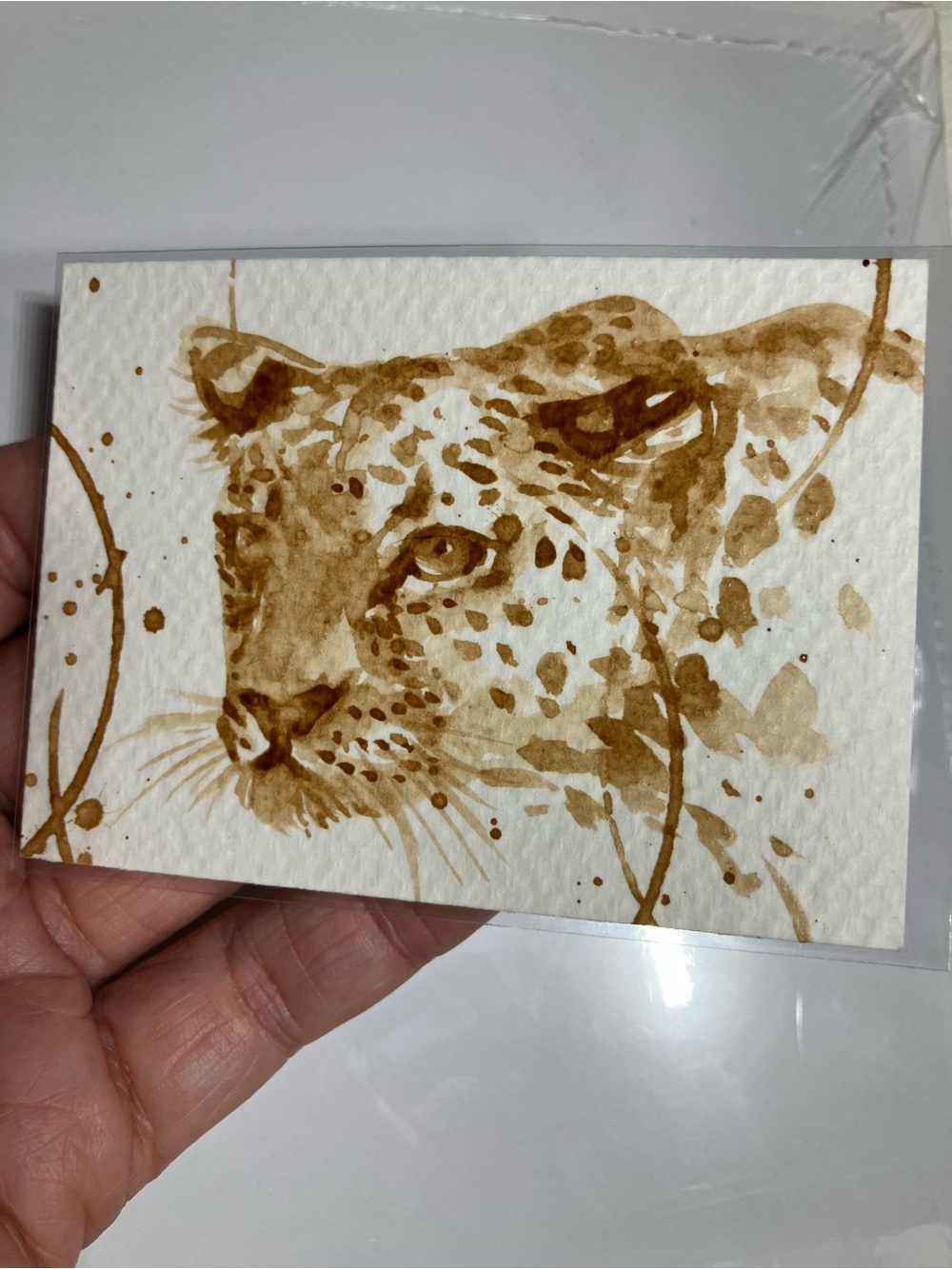 Aceo original leopard cat coffee painting Java art gift treat yourself